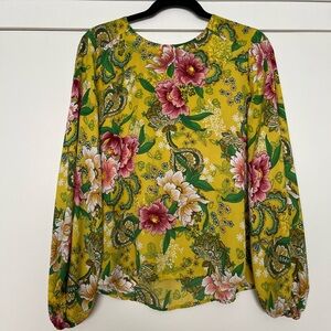 LOFT Yellow Floral Blouse with Pink and Green Accents